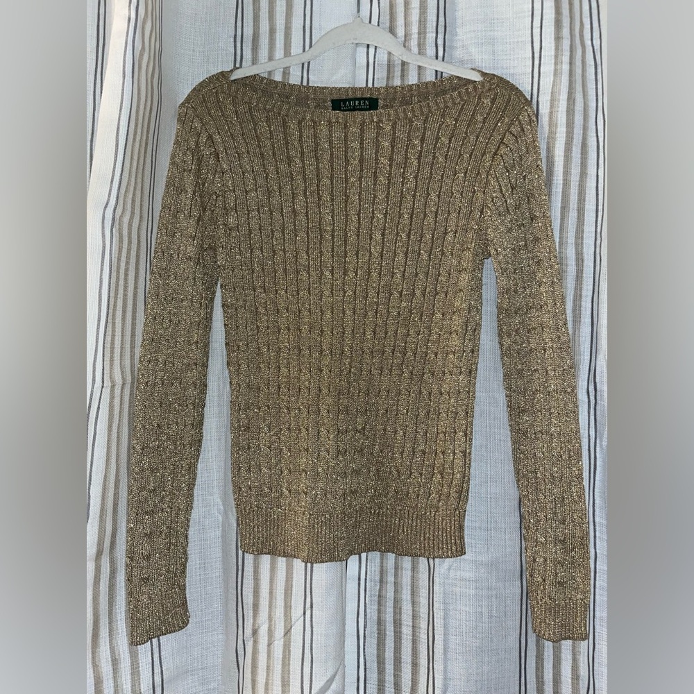 Lauren Ralph Lauren Gold
Shiny Silk Crewneck Cable
Knitted Sweater